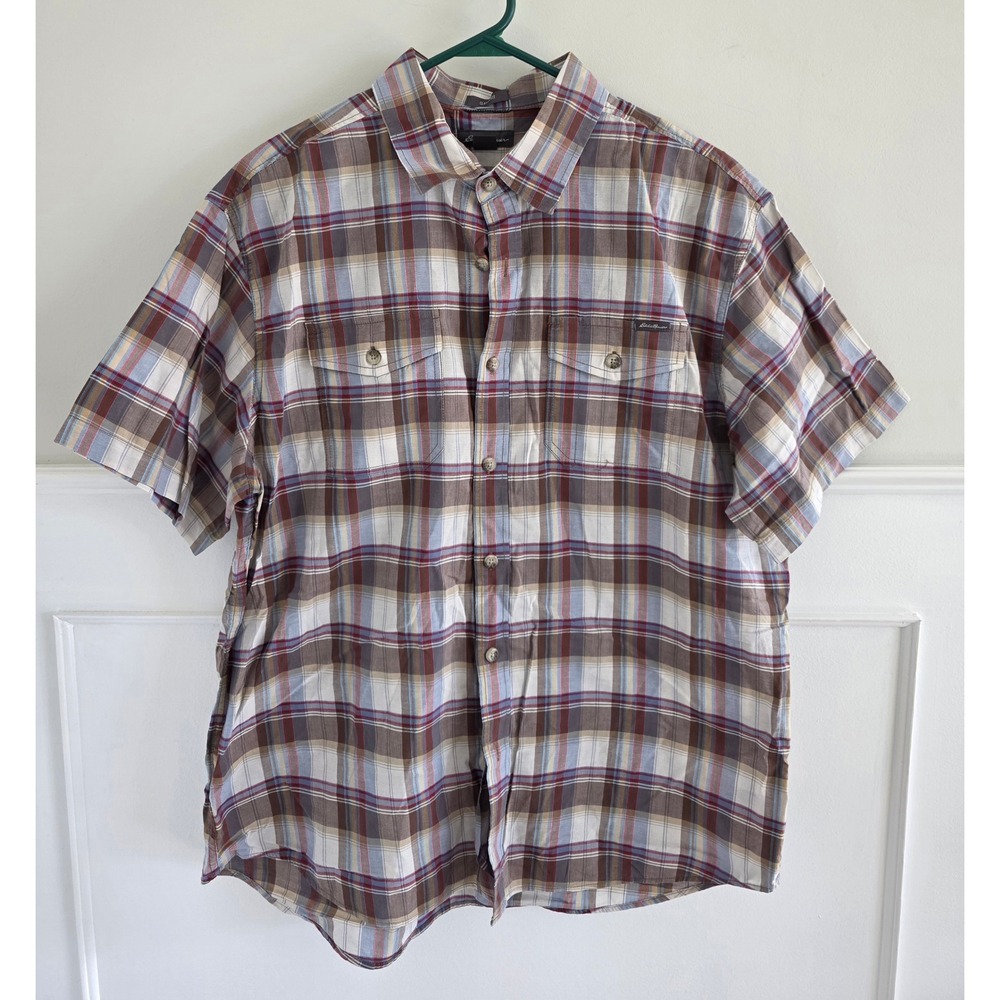 Eddie Bauer‎ Mens Classic Fit Short Sleeve Plaid Button Up Shirt Size L